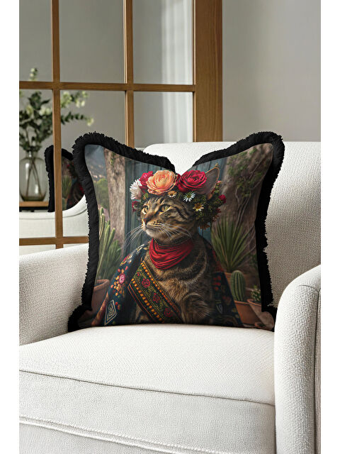 Milbay Grup Bohem Çiçekli Saçaklı Yastık Kılıfı - Sanatsal Retro Çizgili Siyah Püsküllü Kırlent Kılıfı