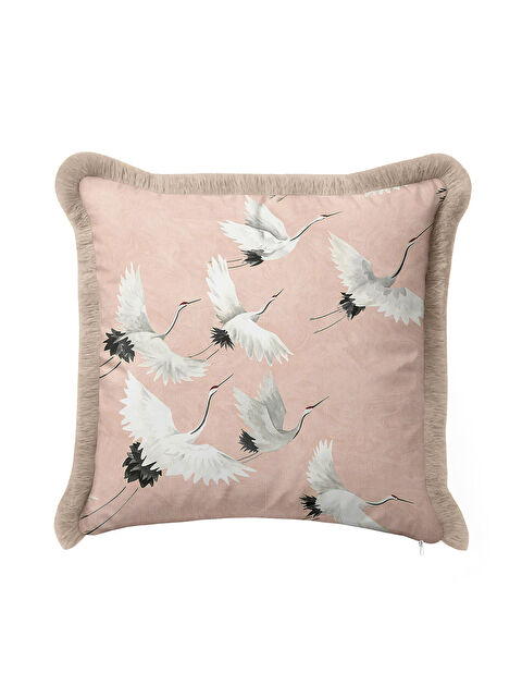 Milbay Grup Japon Zarafeti Saçaklı Yastık Kılıfı - Uçan Turna Motifli Bohem Pudra Bej Püsküllü Kırlent Kılıfı