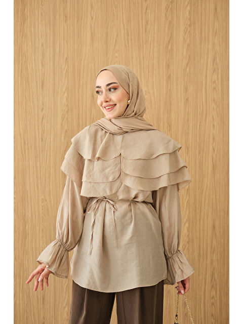 Locco Moda Kadın Geniş Katlı Yaka Bel Bağlamalı Tunik Krem