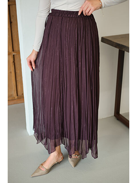 Locco Moda Kadın Yanları Bağcık Detay Simli Şifon Etek Mürdüm