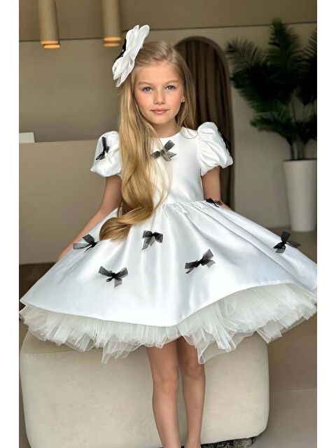 Riccotarz Kız Çocuk Balon Kollu Üzeri Siyah Kurdela Detaylı İçi Astarlı Saten Abiye - S000473833-20063