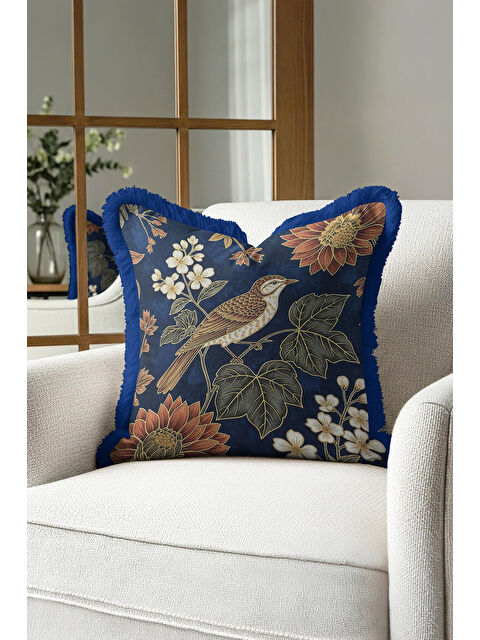 Milbay Grup Lüks Kuş Çiçek Motifli Saçaklı Yastık Kılıfı - Vintage Rustik Lacivert Gold Püsküllü Kırlent Kılıfı