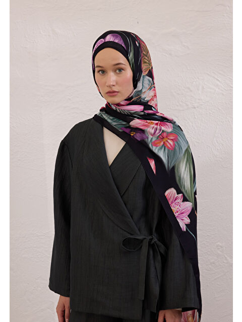 Fresh Scarfs Elegant Flower Desen Rami Şal Siyah - S000420293-19351