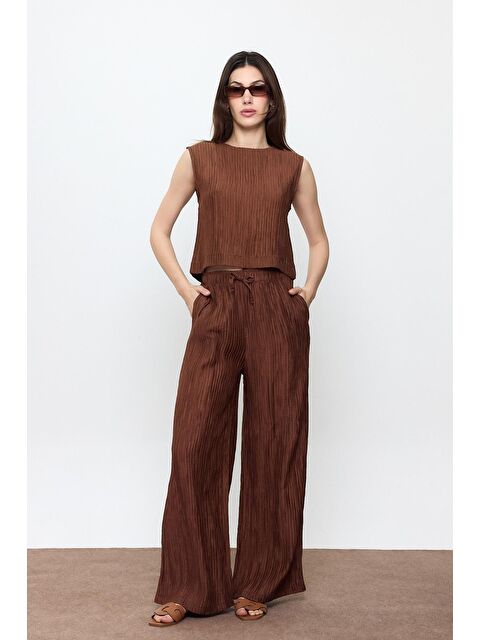 Sherin Kahverengi Fitilli Beli Lastikli Palazzo Pantolon - S000399179-19413