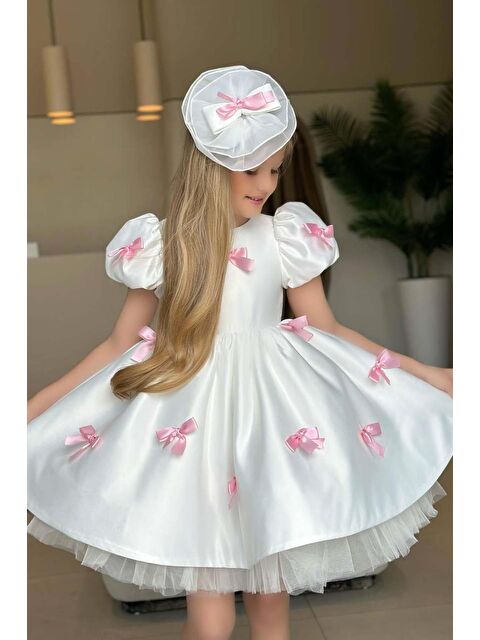 Riccotarz Kız Çocuk Balon Kollu Üzeri Pembe Kurdela Detaylı İçi Astarlı Saten Abiye - S000473830-20063