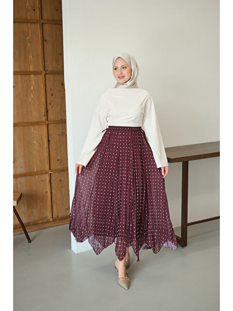 Locco Moda Kadın Puantiye Detay Yan Bağcık Şifon Etek Mürdüm