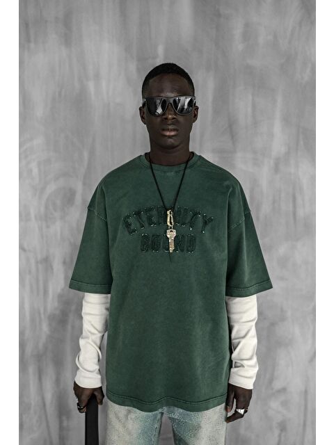 Abluka Online Erkek Önü Slogan İşlemeli Yıkamalı Oversize Tişört Yeşil - S000365699-18194