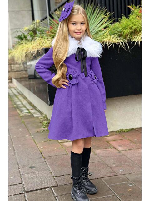 Riccotarz Kız Çocuk Kürk Yakalı Önü Çiçek Ve Elmas taş Detaylı Mor Kaşe - S000473831-20042
