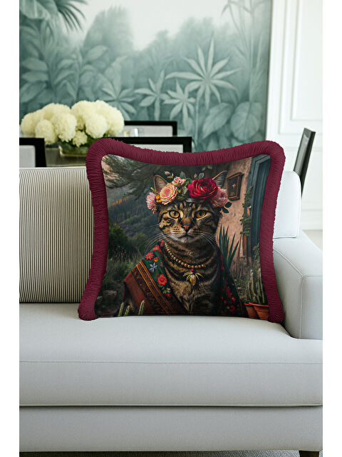 Milbay Grup Lüks Vintage Kedi Portre Saçaklı Yastık Kılıfı - Çiçek Taçlı Bohem Renkli Püsküllü Kırlent Kılıfı