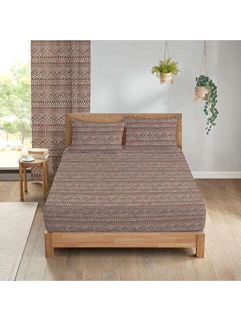 Evmila Etkn Desenli Baskılı 180x200 Çift Kişilik Lastikli Çarşaf Seti Kahverengi - S000291123-23173