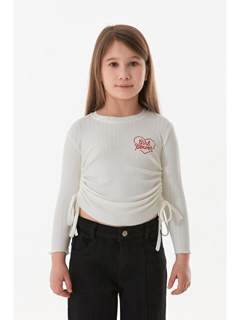 Fullamoda Fitilli Girl Power Baskılı Yanları Büzgülü Kız Çocuk Bluz - S000380693-19965