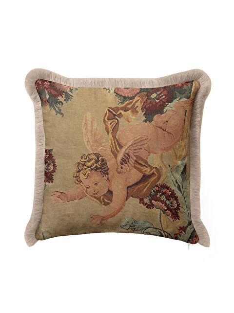 Milbay Grup Barok Melek Figürlü Saçaklı Yastık Kılıfı - Klasik Vintage Retro Bej Gold Püsküllü Kırlent Kılıfı