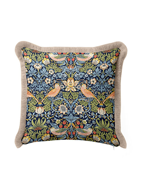 Milbay Grup Lüks Kuşlu Çiçekli Saçaklı Yastık Kılıfı - Viktoryen Bohem Lacivert Yeşil Püsküllü Kırlent Kılıfı