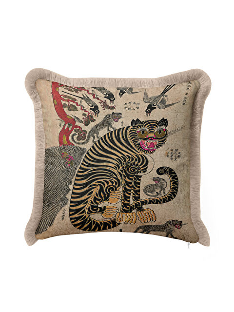 Milbay Grup Asya Motifli Saçaklı Yastık Kılıfı - Etnik Sanat Temalı Vintage Bej Gold Püsküllü Kırlent Kılıfı