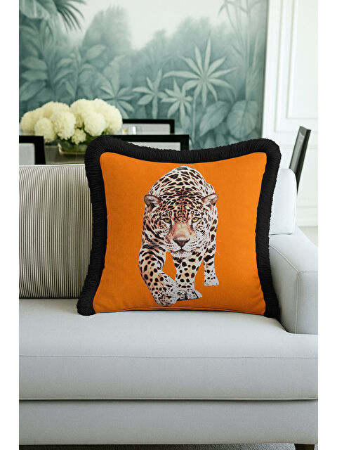 Milbay Grup Lüks Jaguar Temalı Saçaklı Yastık Kılıfı - Safari Bohem Turuncu Siyah Püsküllü Kırlent Kılıfı