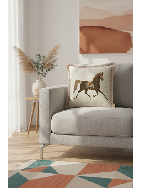 Milbay Grup Saray Esintili At Figürlü Saçaklı Yastık Kılıfı - Bohem Kahverengi Bej Püsküllü Kırlent Kılıfı