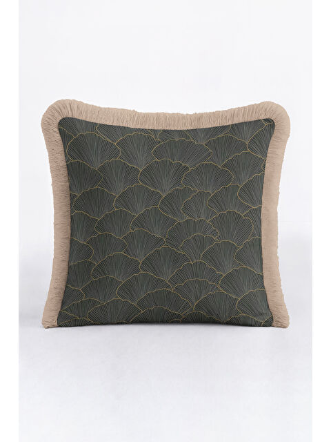 Milbay Grup Altın Renk Lüks Ginko Yapraklı Saçaklı Yastık Kılıfı - Sanatsal Yeşil Modern Püsküllü Kırlent Kılıfı