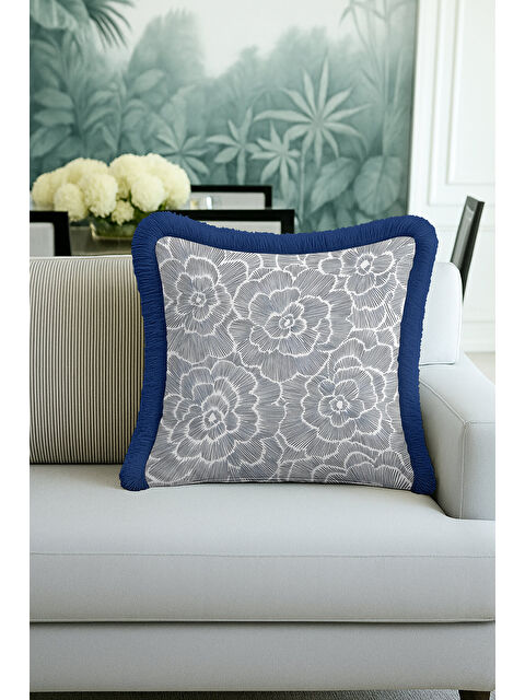 Milbay Grup Zarif Çiçek Motifli Saçaklı Yastık Kılıfı - Modern Mavi Gri Lüks Püsküllü Kırlent Kılıfı