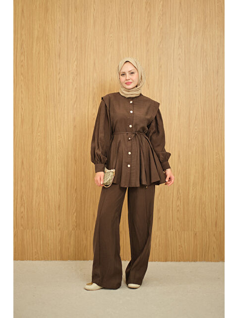 Locco Moda Kadın Bel Büzgülü Gold Düğme Detay Pantolonlu Takım Kahverengi