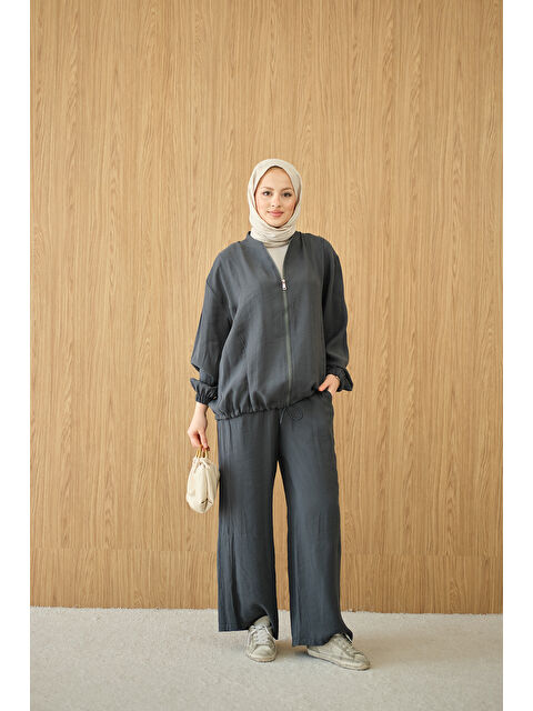 Locco Moda Kadın Yanları Dikiş Detay Fermuarlı Takım Füme