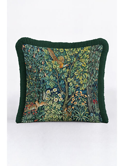 Milbay Grup Lüks Doğal Bahçe Saçaklı Yastık Kılıfı - Vintage Orman Bohem Yeşil Püsküllü Kırlent Kılıfı