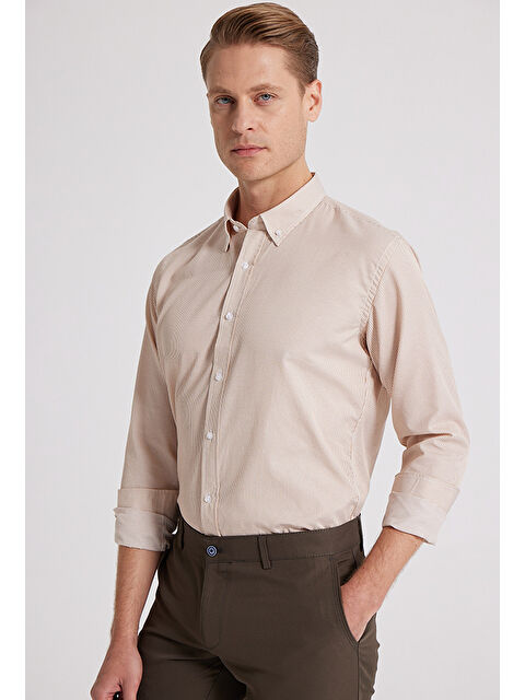 D'S damat Slim Fit Kahverengi Çizgili Gömlek