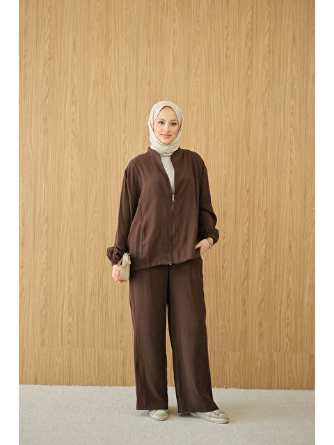 Locco Moda Kadın Yanları Dikiş Detay Fermuarlı Takım Kahverengi