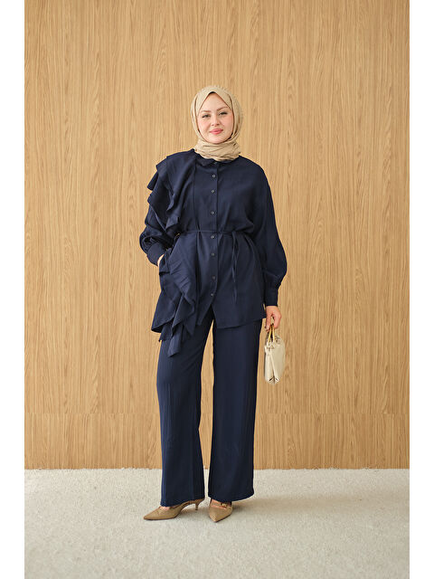 Locco Moda Kadın Dikiş Detay Volanlı Bel Bağlamalı Takım Lacivert