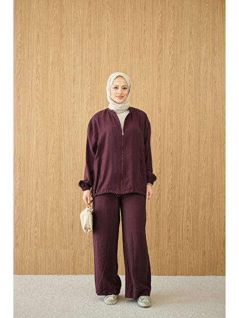 Locco Moda Kadın Yanları Dikiş Detay Fermuarlı Takım Bordo