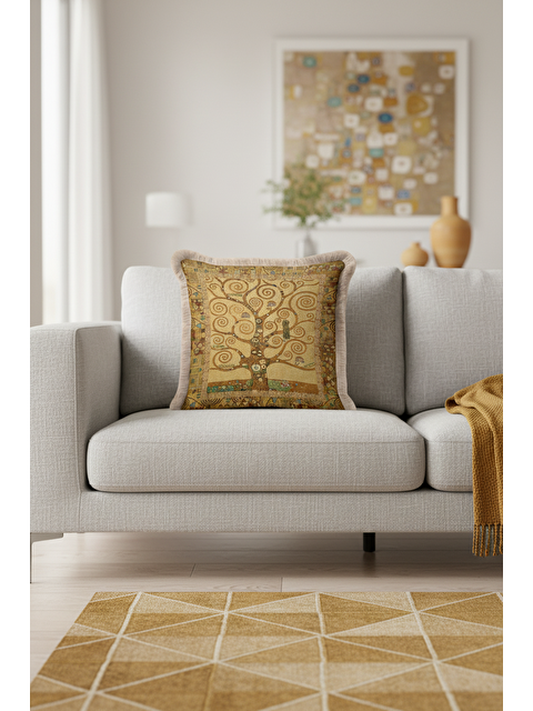 Milbay Grup Lüks Spiral Ağaç Saçaklı Yastık Kılıfı - Art Nouveau Bohem Altın Renkli Püsküllü Kırlent Kılıfı