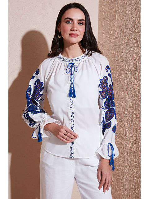 Lela Nakışlı Oversize Fit Bağlamalı Hakim Yaka Gömlek 676206 - S000355504-20063