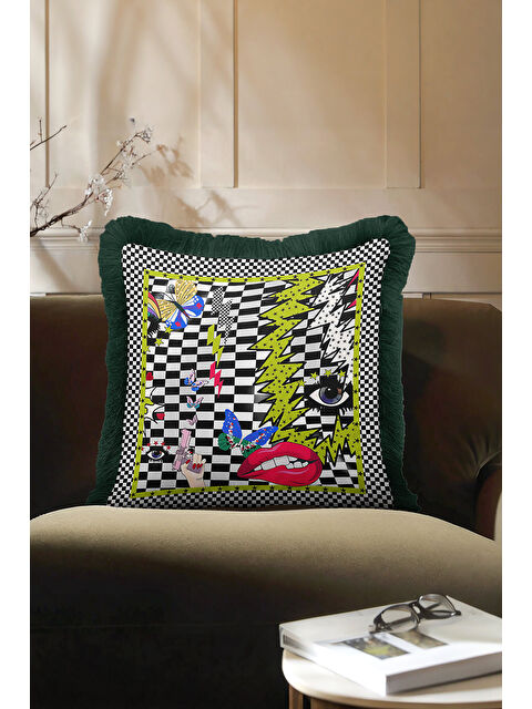 Milbay Grup Pop Art Geometrik Saçaklı Yastık Kılıfı - Punk Enerjisi Bohem Siyah Yeşil Püsküllü Kırlent Kılıfı