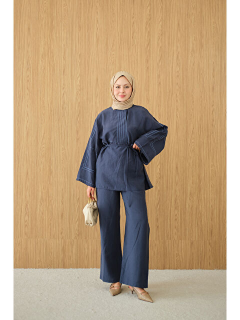Locco Moda Kadın Nakış Detay Bel Bağlamalı Takım Lacivert
