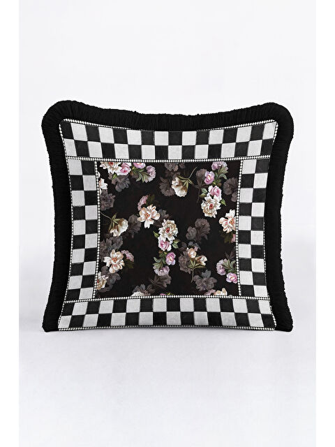 Milbay Grup Lüks Çiçekli Saçaklı Yastık Kılıfı - Romantik Vintage Siyah Püsküllü Kırlent Kılıfı