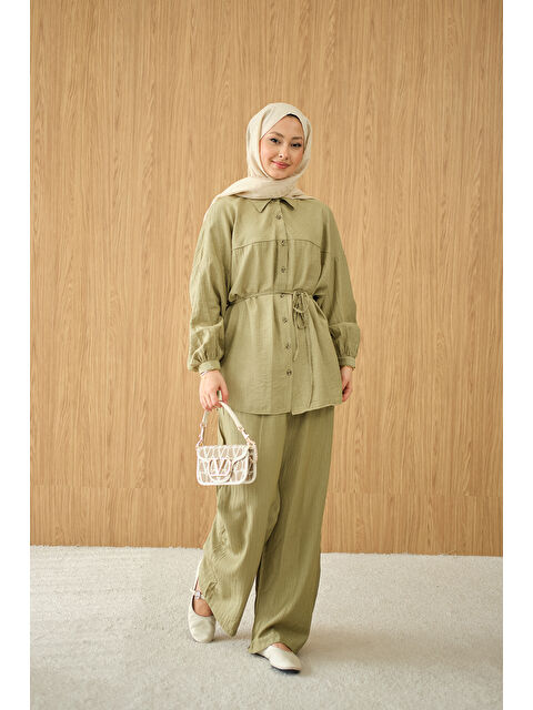 Locco Moda Kadın Kırışık Desen Bel Bağlamalı Gömlek Yaka Takım Yeşil