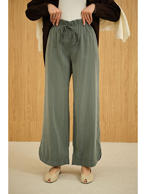 Locco Moda Kadın Beli Lastikli Pantolon Koyu Yeşil