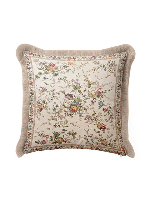 Milbay Grup Zarif Vintage Çiçekli Saçaklı Yastık Kılıfı - Krem Klasik Country Bej Püsküllü Kırlent Kılıfı