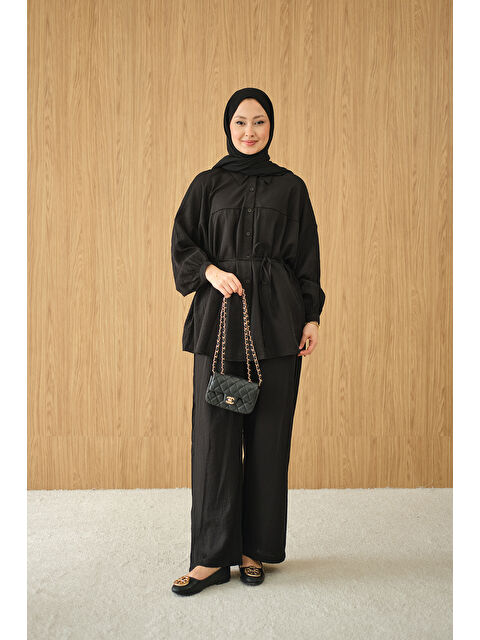 Locco Moda Kadın Kırışık Desen Bel Bağlamalı Gömlek Yaka Takım Siyah