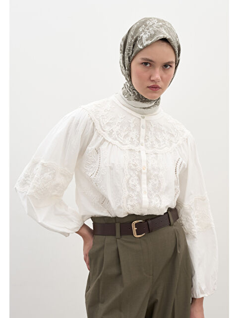 Fresh Scarfs Secret Elegance Desen Pamuklu Viskon Eşarp Haki - S000458604-18547