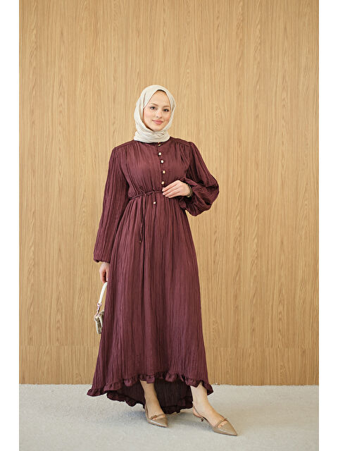 Locco Moda Kadın Asimetrik Fırfırlı Bel Bağlamalı Piliseli Elbise Bordo