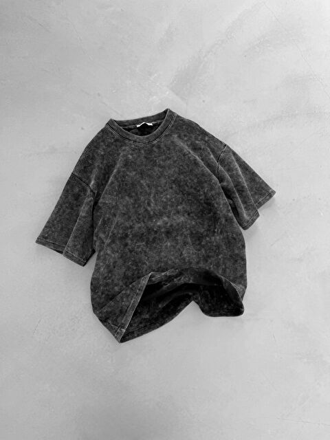 Abluka Online Erkek Desenli Waffle Kumaş Yıkamalı Oversize Tişört Siyah - S000365679-19351