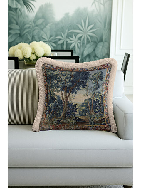 Milbay Grup Barok Vışıl Orman Saçaklı Yastık Kılıfı - Vintage Doğa Tema Klasik Mavi Bej Püsküllü Kırlent Kılıfı