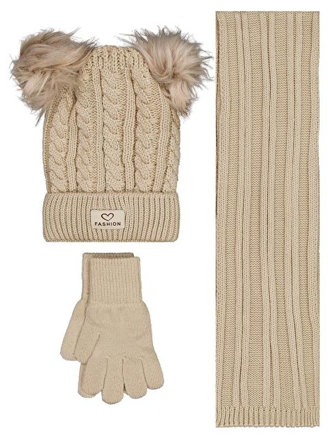 Civil Girls 6-9 Yaş Atkı Bere Eldiven Set - Bej Standart - S000488770-19928