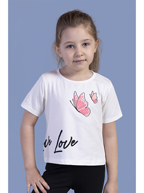 Toontoykids Kız Çocuk Kelebek Baskılı Taş İşlemeli Tişört
