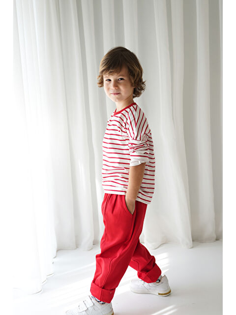 Catz Kids Kırmızı Gabardin Carrot Pantolon + Kırmızı Beyaz Çizgili Penye Sweat - S000369150-37232