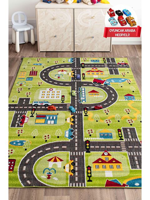 Konfor Halı 3 Boyutlu Yeşil Trafik Arabalı Dokuma Çocuk Oyun Halısı-140x200 - S000245891-18194
