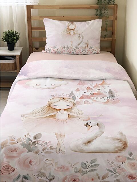 Evmila Masal Prensesi Kuğu Desenli Çarşafsız 2'li Takım Baskılı Tek Kişilik Nevresim Takımı 160x220 cm - S000151040-23173