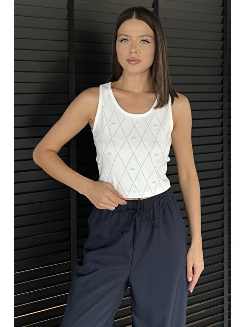 Gülseli Taşlı Sıfır Kol Crop Top Bluz - S000445344-19966