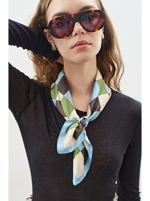 Manuka Desenli Orta Boy Saten Fular Check - S000471217-37213