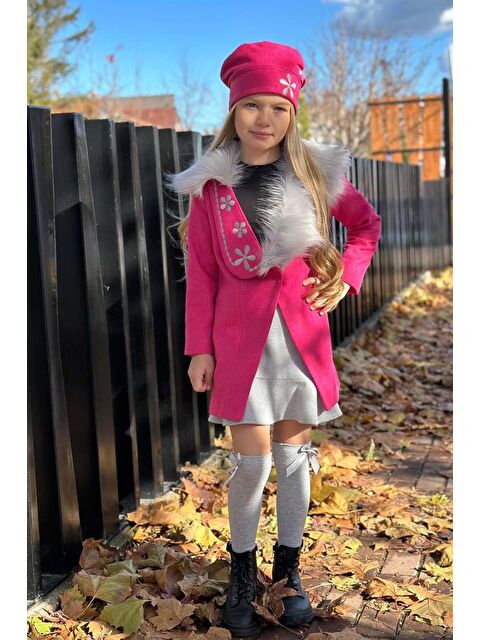 Riccotarz Kız Çocuk Yakası Kürk ve Yonca Detaylı Etekli Fuşya Kaşe - S000473846-18686